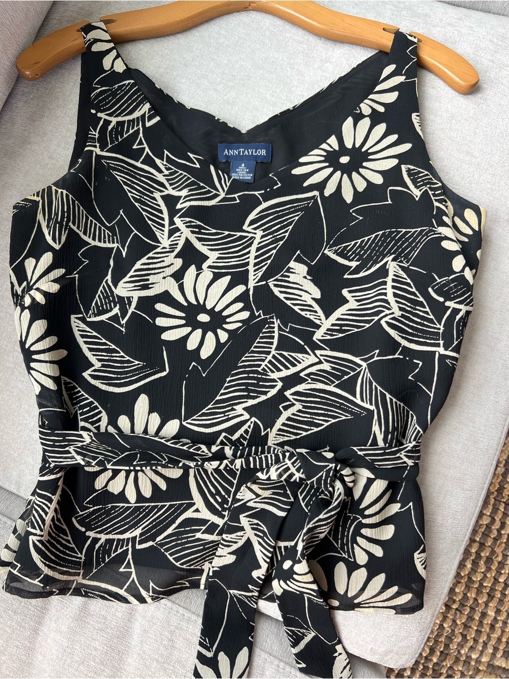 Ann Taylor Black Floral Tie-Waist Camisole